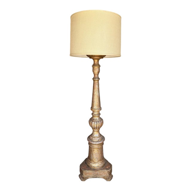 Antique White Gold Giltwood Floor Lamp W Custom Shade For Sale