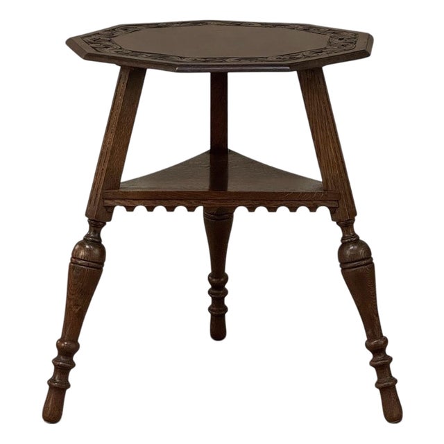 Antique English Nine Sided Carved Oak Spool Leg Occasional Table For Sale