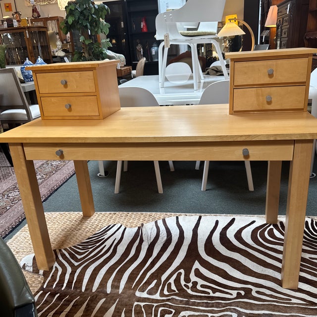 Design Plus Gallery presents a Beech Wood Desk with a Pair of Top Mounted Drawers from the Late 20th Century. This slim...