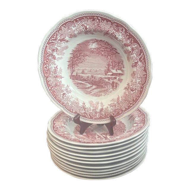Spode Winters Eve Red Rimmed Bowls-Set of 12 For Sale