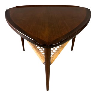 1960s Danish Modern Walnut and Cane Selig Occasional Triangle End Table by Poul Jensen For Sale
