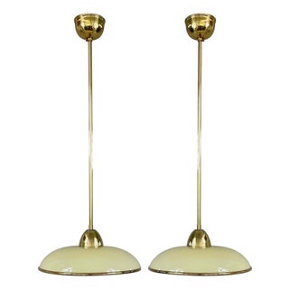 Art Deco Cream Opaline Glass and Brass Pendants, Germany 1930s, Set of 2 For Sale