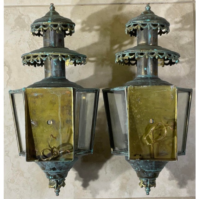 Antique/Vintage Pair of Solid Brass Patina Exterior Wall Lanterns / Sconces For Sale - Image 11 of 18