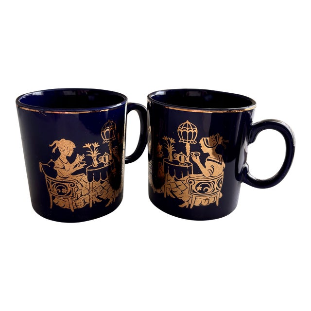 Vintage Navy Blue and Gold Japanese Matcha Mugs - 24k Gold Ornate Ladies Afternoon Tea Design - Set of 2 For Sale