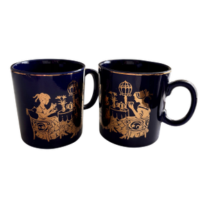 Vintage Navy Blue and Gold Japanese Matcha Mugs - 24k Gold Ornate Ladies Afternoon Tea Design - Set of 2
