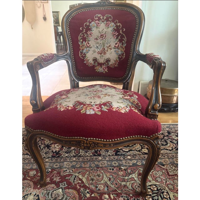 These chairs are beautiful and would be right at home in a traditional setting. The needlepoint is lovely and the red...