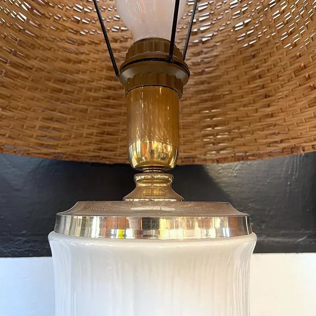 Ivory Ceramic Table Lamp with Rattan Diffuser, Italy, 1960s For Sale - Image 8 of 10