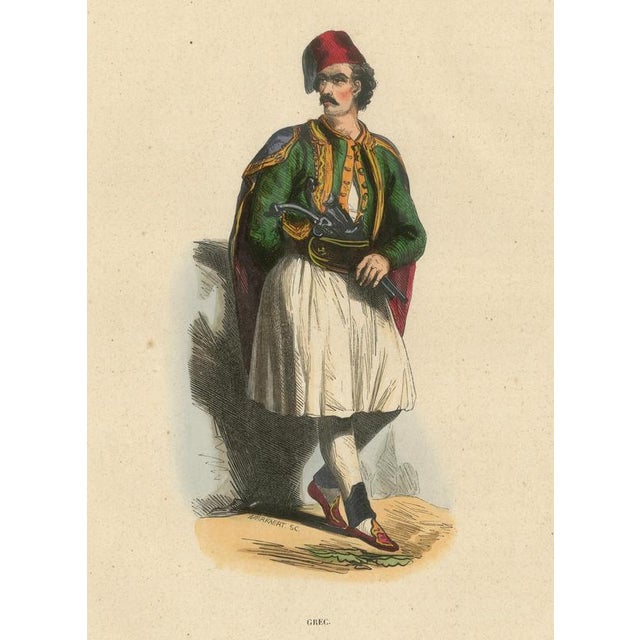 Greek Man in Traditional Dress, Hand-Coloured Lithograph, c.1845 This finely hand-coloured lithograph depicts a Greek man...