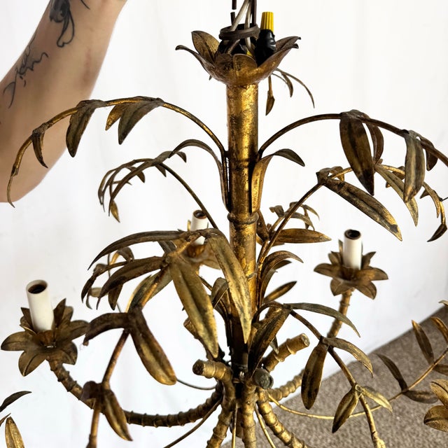 Vintage Hollywood Regency Gilt Faux Bamboo Metal Chandelier For Sale - Image 10 of 10