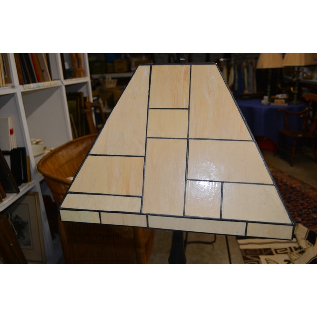 Cream 1990s Mission Style Stained Glass Floor Lamp Cream & Black W/ Bronzed Metal Column & Square Iron Base For Sale - Image 8 of 14