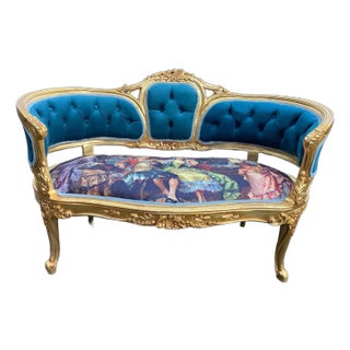 1970s French Louis XVI Corbeille Settee in Gilded Wood & Royal Blue Velvet For Sale