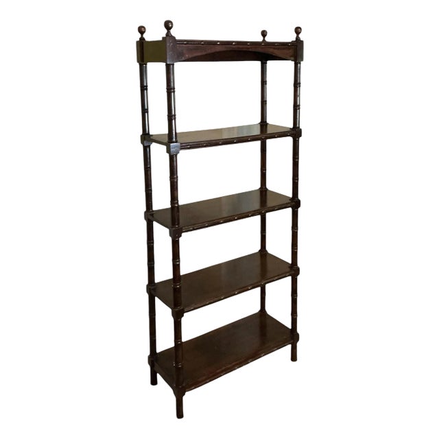 Mid-Century Regency Style Carved Mahogany Faux Bamboo Etagere / Shelf / Book For Sale