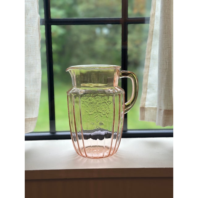 Authentic 1930s Anchor Hocking 'Mayfair' (Open Rose) pink depression glass pitcher with paneled optic ribs, wild rose...