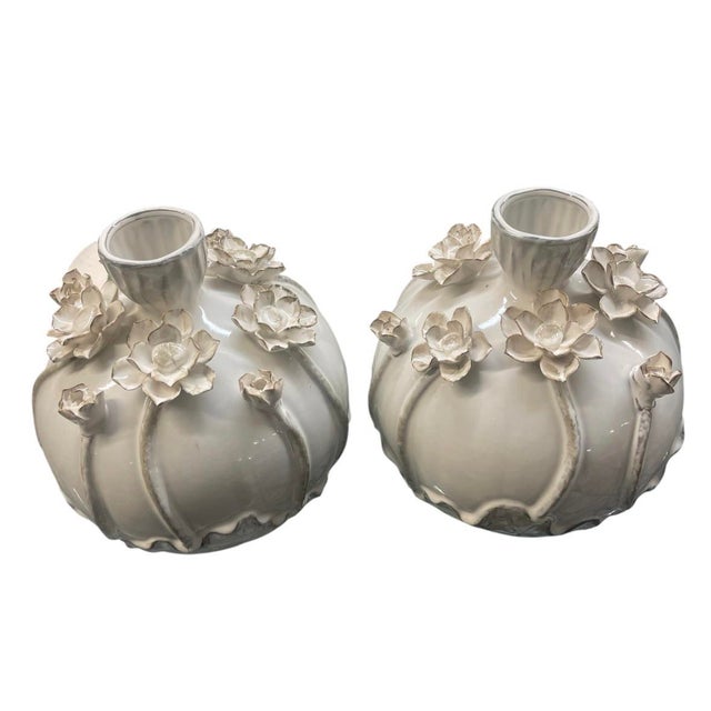 Pair of Italian Hand-Crafted Floral Ceramic Bud Vases For Sale - Image 4 of 8
