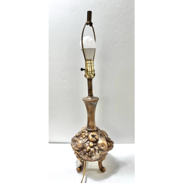 English Vintage Gold Cast Metal Fruit Basket Table Lamp, Hollywood Regency For Sale - Image 3 of 9