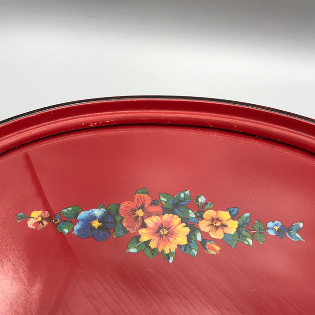 Red Painted Flowers on Red Paper Composite Glass Top Dresser Tray 1940's For Sale - Image 8 of 13