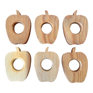 Set of 6 Vintage Hand-Carved Wooden Apple Napkin Rings – Rustic Table Decor For Sale