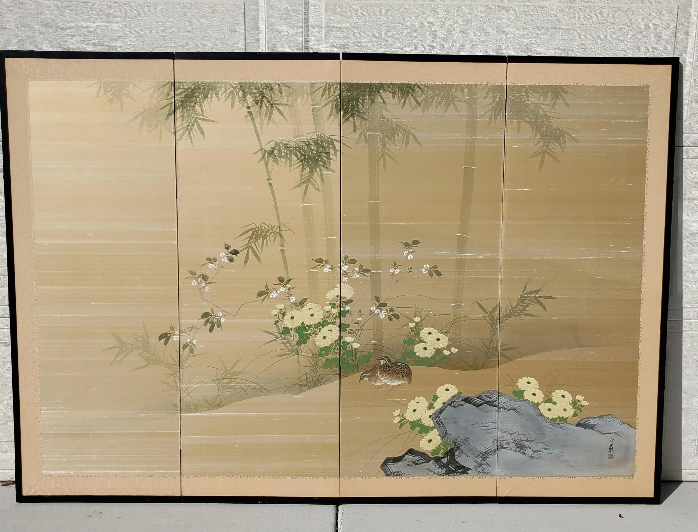 Antique Japanese Silk Screen Four-Panel Byobu Landscape With Two