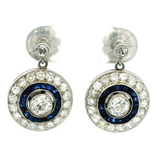 Belle Époque Platinum Diamond & Sapphire Target Drop Earrings Circa 1915, Pair For Sale