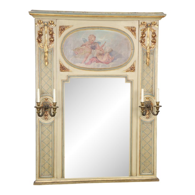 Antique French Turn of the Century Louis XVI Hand Painted Trumeau Mirror For Sale