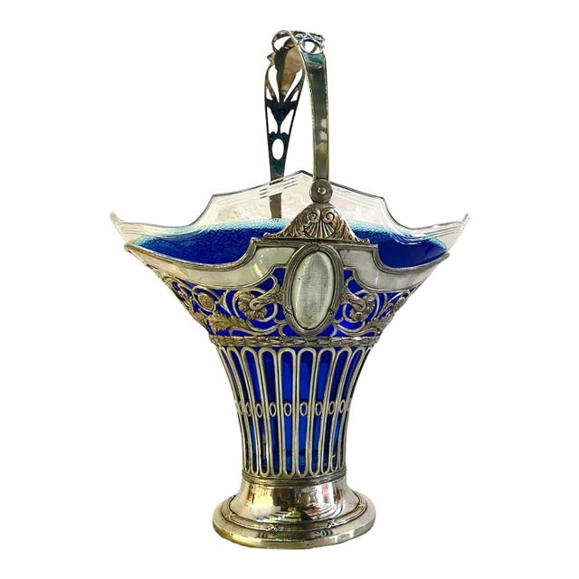 19thC Silver Plate Flower Basket W/Glass Insert - Antique For Sale