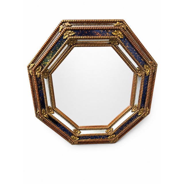 Blue Octagonal Wall Mirror in Cobalt Blue Eglomise Glass and Gilded Wood, 1960s For Sale - Image 8 of 8