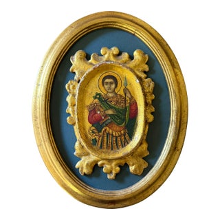 Vintage Orthodox Icon of Saint Demetrius in Oval Gilt Frame For Sale
