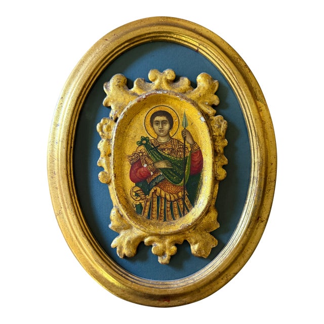 Vintage Orthodox Icon of Saint Demetrius in Oval Gilt Frame For Sale