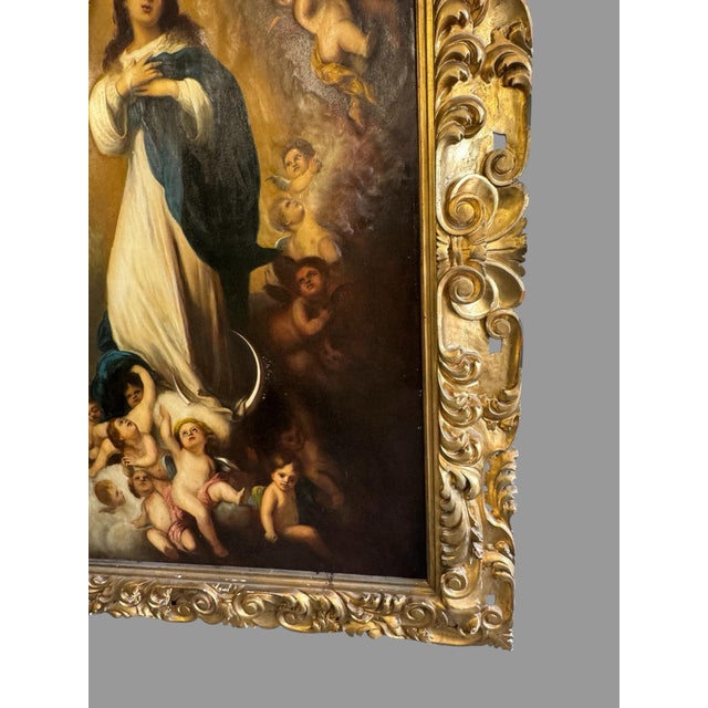 Late 19th Century Large Italian Gilt Framed Religious Oil Painting – Immaculate Conception After Murillo – Florence, Italy For Sale - Image 6 of 11