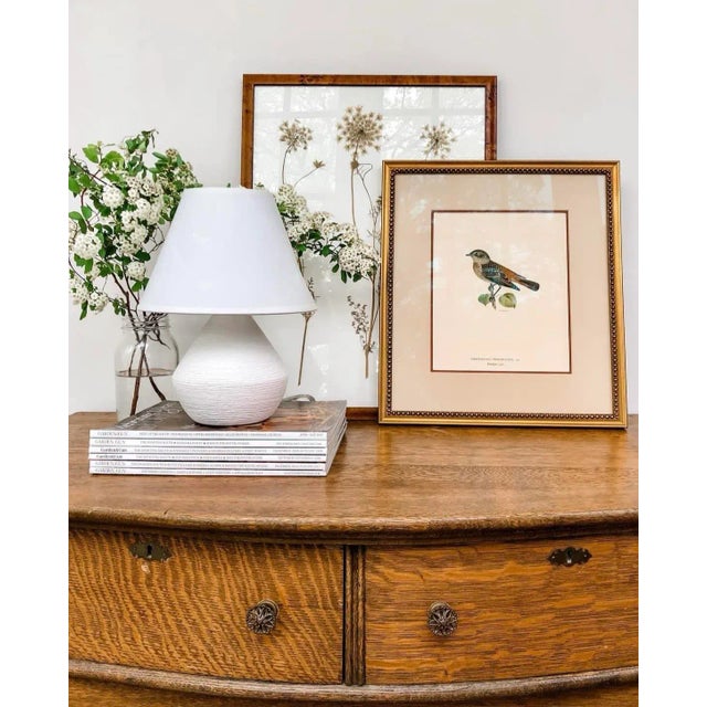 Textured, organic shape ceramic table lamp in a bright white. Contemporary make and design, unknown manufacturer....