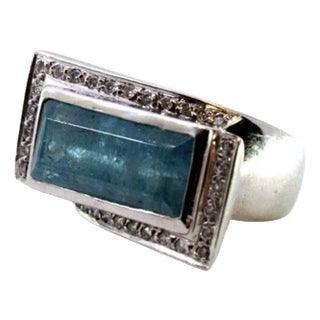 White Gold Ring with Brilliant-Cut Diamonds and Rectangular Stone For Sale