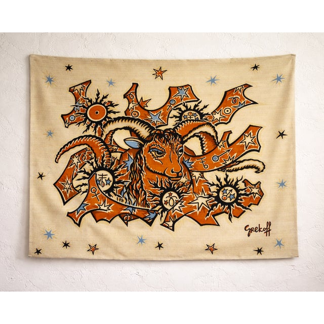 Textile Aries Zodiac Tapestry in Wool by Elie Grekoff for Tanit, Paris, France, 1970 For Sale - Image 7 of 7