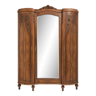 Antique French Burl Walnut Armoire Wardrobe Mirror Carved Cabinet Circas 1920s For Sale