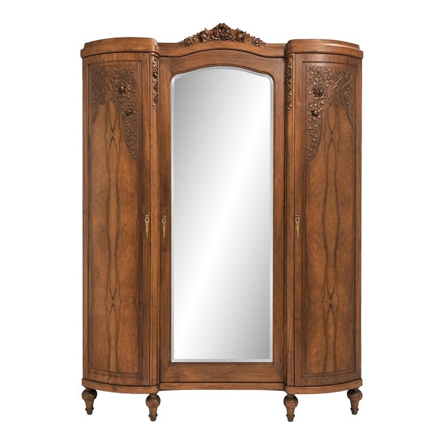 Antique French Burl Walnut Armoire Wardrobe Mirror Carved Cabinet Circas 1920s For Sale