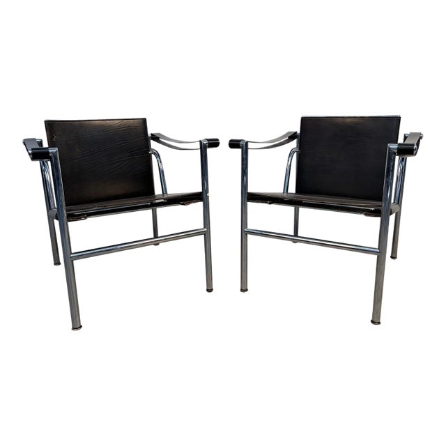 Vintage Le Corbusier Leather "Lc1 Basculant" Sling Chairs for Cassina For Sale