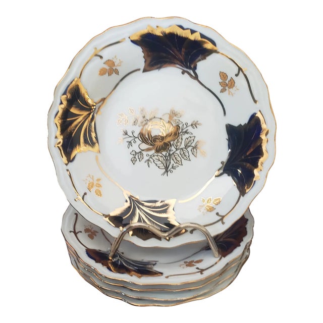 Vintage Cobalt Blue & Gold Porcelain Dessert Plates – Set of 5 For Sale