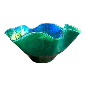 Gigantic 16.5” D Turquoise and Green Scalloped Art Glass Bowl - Signed