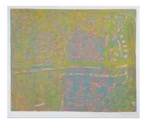 Vintage Abstract Monoprint in Green, Blue & Pink