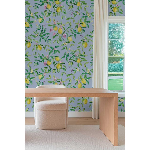 Limoncello Floral & Lemon Grasscloth Wallpaper by House Party | Mediterranean Blue | 6 Yards For Sale In Charlotte - Image 6 of 7