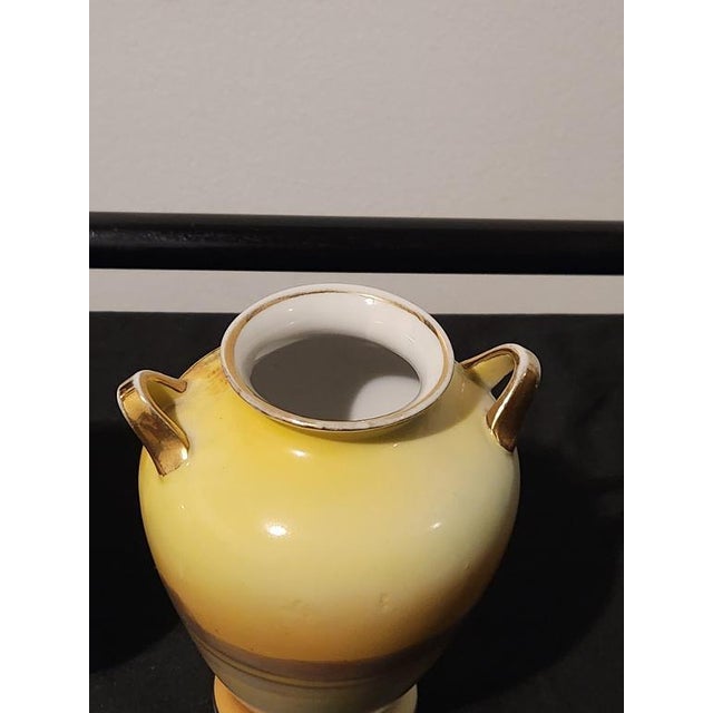 Ceramic Antique Noritake Hand-Painted 6.5" Mantel Vases - Pair | "Tree in the Meadow" With Gilded C-Scroll Handles, C. 1920s For Sale - Image 7 of 8