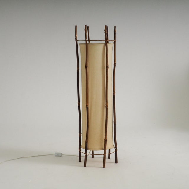 Brown Large Bamboo and Linen Floor Lamp by Louis Sognot, 1960s For Sale - Image 8 of 18