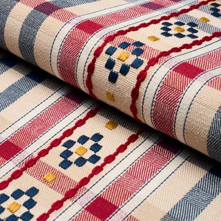 Schumacher Hutton Check Fabric In Rouge & Navy For Sale