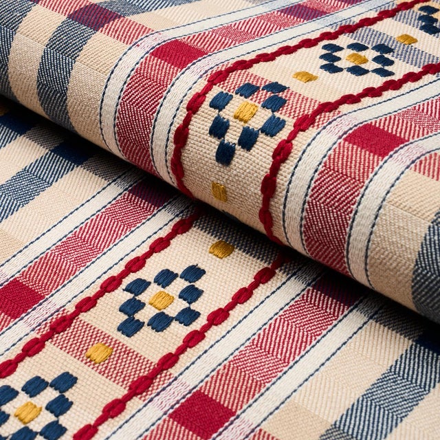 Schumacher Hutton Check Fabric In Rouge & Navy For Sale
