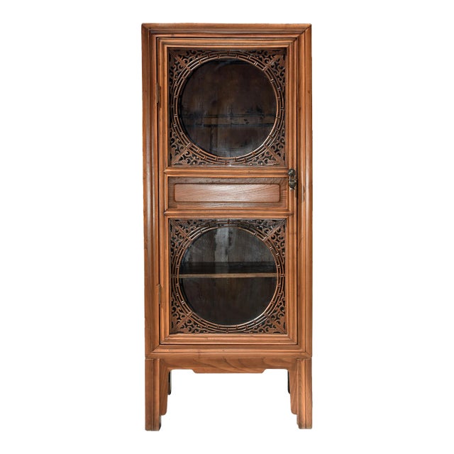 Vintage Chinese Linen Press Cabinet With Glass Door For Sale