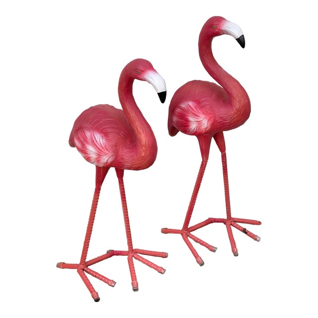 Vintage Coastal Resin Sculptures of Pink Flamingo Pair For Sale