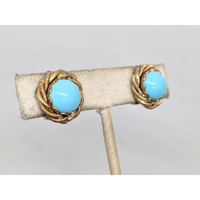 Mid-Century Modern Vintage 1950s Signed Napier Goldtone Cabochon Faux-Turquoise Clip Earrings-2 Pieces For Sale - Image 3 of 7