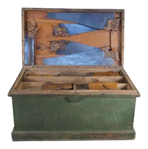 1906 Antique Pine Carpenters Tool Chest Trunk Strong Box Disston Saws Planers