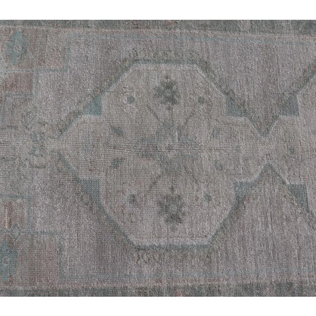 Textile Vintage Turkish Oushak Runner With Subdued Geometric Medallions in Light Tones 2'9"x6'6" For Sale - Image 7 of 10