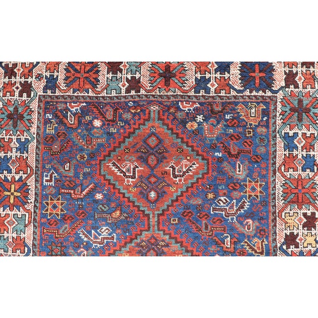 Tribal Antique Persian Shiraz Rug With Indigo Field and Diamond Medallions For Sale - Image 3 of 12