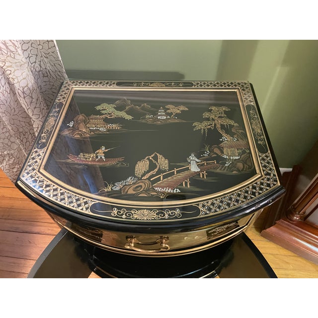 Black VIntage Petite 19" Hand-Painted Gilt Chinoiserie "Shan Shui" Demilune Cabinet For Sale - Image 8 of 13